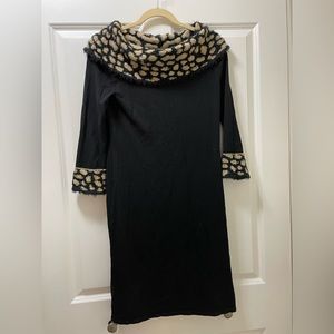 Retro 50’s Style Cowl Neck Small Faux Fur Print Black Knit Cocktail Party Dress